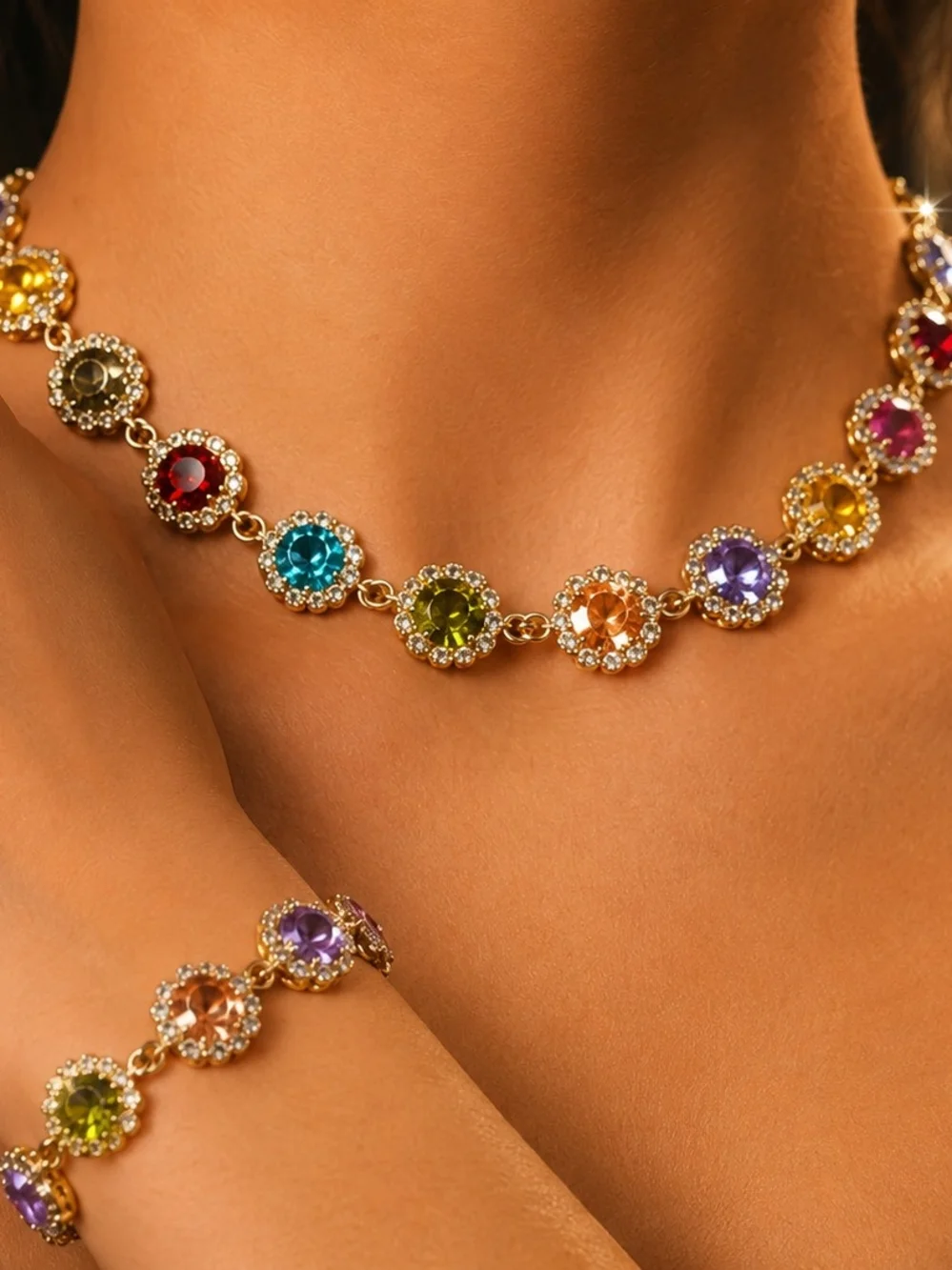 Gold-Tone Multicolor Cz Crystal Necklace - Women's Fashion Jewelry